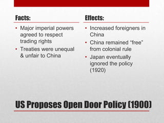Facts:                    Effects:
• Major imperial powers   • Increased foreigners in
  agreed to respect         China
  trading rights          • China remained “free”
• Treaties were unequal     from colonial rule
  & unfair to China       • Japan eventually
                            ignored the policy
                            (1920)




US Proposes Open Door Policy (1900)
 
