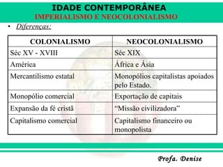Diferenças: COLONIALISMO NEOCOLONIALISMO Séc XV - XVIII Séc XIX América África e Ásia Mercantilismo estatal Monopólios capitalistas apoiados pelo Estado. Monopólio comercial Exportação de capitais Expansão da fé cristã “ Missão civilizadora” Capitalismo comercial Capitalismo financeiro ou monopolista 