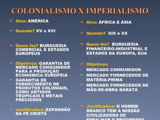 Alvo:  AMÉRICA Quando?  XV e XVI Quem fez?  BURGUESIA COMERCIAL E ESTADOS EUROPEUS Objetivos:  GARANTIA DE MERCADO CONSUMIDOR PARA A PRODUÇÃO ECONOMICA EUROPÉIA GARANTIA DE FORNECIMENTO DE PRODUTOS COLONIAIS, COMO ARTIGOS TROPICAIS E METAIS PRECIOSOS Justificativa:  EXPANSÃO DA FÉ CRISTÃ Alvo:  ÁFRICA E ÁSIA Quando?  XIX e XX Quem fez?  BURGUESIA FINANCEIRO-INDUSTRIAL E ESTADOS DA EUROPA, EUA Objetivos:  MERCADO CONSUMIDOR MERCADO FORNECEDOR DE MATÉRIA-PRIMA MERCADO FORNECEDOR DE MÃO-DE-OBRA BARATA Justificativa:  O HOMEM BRANCO TEM A MISSÃO CIVILIZADORA DE ESPALHAR O PROGRESSO TÉCNICO-CIENTÍFICO PELO MUNDO 