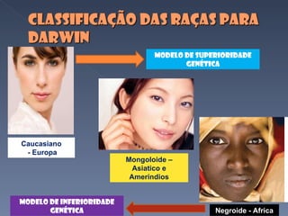 Caucasiano - Europa Negroide - Africa Mongoloide – Asiatico e Ameríndios Modelo de superioridade genética Modelo de Inferioridade genética 