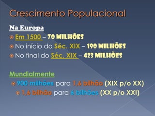 Crescimento PopulacionalNa EuropaEm 1500 – 70 milhõesNo início do Séc. XIX – 190 milhõesNo final do Séc. XIX – 423 milhõesMundialmente900 milhões para 1,6 bilhão (XIX p/o XX)1,6 bilhão para 6 bilhões (XX p/o XXI)