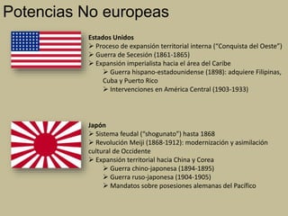 Potencias No europeas
Estados Unidos
 Proceso de expansión territorial interna (“Conquista del Oeste”)
 Guerra de Secesión (1861-1865)
 Expansión imperialista hacia el área del Caribe
 Guerra hispano-estadounidense (1898): adquiere Filipinas,
Cuba y Puerto Rico
 Intervenciones en América Central (1903-1933)
Japón
 Sistema feudal (“shogunato”) hasta 1868
 Revolución Meiji (1868-1912): modernización y asimilación
cultural de Occidente
 Expansión territorial hacia China y Corea
 Guerra chino-japonesa (1894-1895)
 Guerra ruso-japonesa (1904-1905)
 Mandatos sobre posesiones alemanas del Pacífico
 
