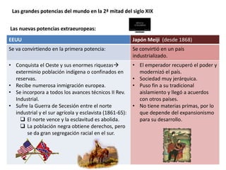 Las grandes potencias del mundo en la 2ª mitad del siglo XIX
Las nuevas potencias extraeuropeas:
EEUU Japón Meiji (desde 1868)
Se va convirtiendo en la primera potencia: Se convirtió en un país
industrializado.
• Conquista el Oeste y sus enormes riquezas
exterminio población indígena o confinados en
reservas.
• Recibe numerosa inmigración europea.
• Se incorpora a todos los avances técnicos II Rev.
Industrial.
• Sufre la Guerra de Secesión entre el norte
industrial y el sur agrícola y esclavista (1861-65):
 El norte vence y la esclavitud es abolida.
 La población negra obtiene derechos, pero
se da gran segregación racial en el sur.
• El emperador recuperó el poder y
modernizó el país.
• Sociedad muy jerárquica.
• Puso fin a su tradicional
aislamiento y llegó a acuerdos
con otros países.
• No tiene materias primas, por lo
que depende del expansionismo
para su desarrollo.
 