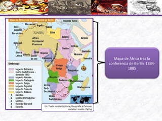 Mapa de África tras la
conferencia de Berlín 1884-
1885
En: Texto escolar Historia, Geografía y Ciencias
sociales I medio, ZigZag
 
