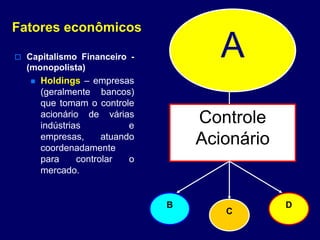 Fatores econômicos
 Capitalismo Financeiro -
(monopolista)
 Holdings – empresas
(geralmente bancos)
que tomam o controle
acionário de várias
indústrias e
empresas, atuando
coordenadamente
para controlar o
mercado.
A
Controle
Acionário
B
C
D
 