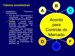 Fatores econômicos
 Capitalismo Financeiro
(monopolista)
 Fim da livre concorrência e
surgimento de grandes
conglomerados industriais
 Cartéis – acordo entre
grandes empresas para
controlar os preços do
mercado (oligopólio)
- Formados por empresas
independentes, que fazem
produtos semelhantes e têm
acordos para dominar o
mercado desses produtos.
Por exemplo: fábricas de
veículos, empresas de
tabacos, de exploração de
petróleo, etc.
Acordo
para
Controle do
Mercado
A
D F
C
B
E
 