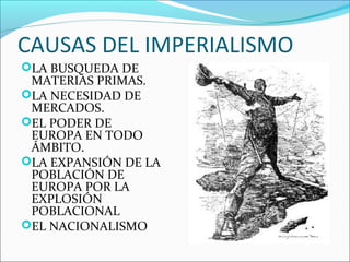 CAUSAS DEL IMPERIALISMO
LA BUSQUEDA DE
MATERIAS PRIMAS.
LA NECESIDAD DE
MERCADOS.
EL PODER DE
EUROPA EN TODO
ÁMBITO.
LA EXPANSIÓN DE LA
POBLACIÓN DE
EUROPA POR LA
EXPLOSIÓN
POBLACIONAL
EL NACIONALISMO
 