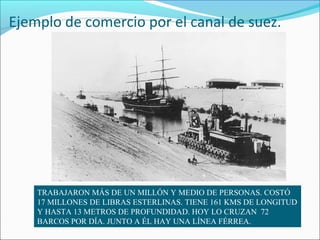 Ejemplo de comercio por el canal de suez.
TRABAJARON MÁS DE UN MILLÓN Y MEDIO DE PERSONAS. COSTÓ
17 MILLONES DE LIBRAS ESTERLINAS. TIENE 161 KMS DE LONGITUD
Y HASTA 13 METROS DE PROFUNDIDAD. HOY LO CRUZAN 72
BARCOS POR DÍA. JUNTO A ÉL HAY UNA LÍNEA FÉRREA.
 