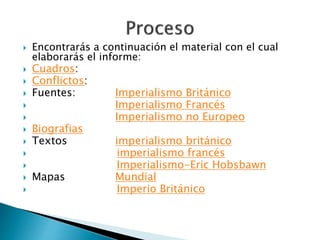  Encontrarás a continuación el material con el cual
elaborarás el informe:
 Cuadros:
 Conflictos:
 Fuentes: Imperialismo Británico
 Imperialismo Francés
 Imperialismo no Europeo
 Biografias
 Textos imperialismo británico
 imperialismo francés
 Imperialismo-Eric Hobsbawn
 Mapas Mundial
 Imperio Británico
 