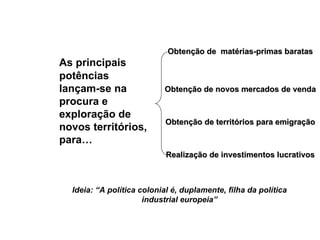 As principais potências lançam-se na procura e exploração de novos territórios, para… Obtenção de  matérias-primas baratas Obtenção de novos mercados de venda Obtenção de territórios para emigração Realização de investimentos lucrativos Ideia: “A política colonial é, duplamente, filha da política industrial europeia” 