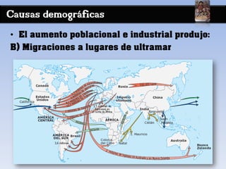 Causas demográficas
• El aumento poblacional e industrial produjo:
B) Migraciones a lugares de ultramar
 