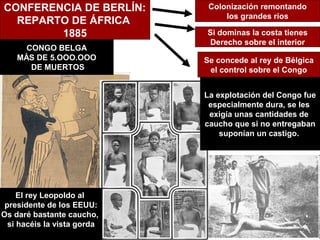 CONFERENCIA DE BERLÍN:        Colonización remontando
                                  los grandes ríos
  REPARTO DE ÁFRICA
        1885                 Si dominas la costa tienes
                              Derecho sobre el interior
      CONGO BELGA
    MÁS DE 5.OOO.OOO         Se concede al rey de Bélgica
       DE MUERTOS             el control sobre el Congo


                             La explotación del Congo fue
                              especialmente dura, se les
                              exigía unas cantidades de
                             caucho que si no entregaban
                                 suponían un castigo.




     El rey Leopoldo al
 presidente de los EEUU:
Os daré bastante caucho,
  si hacéis la vista gorda
 