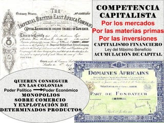 COMPETENCIA
                                    CAPITALISTA
                                     Por los mercados
                                  Por las materias primas
                                    Por las inversiones
                                  CAPITALISMO FINANCIERO
                                      Ley del Máximo Beneficio
                                  ACUMULACIÓN DE CAPITAL




     QUIEREN CONSEGUIR
      EN LAS COLONIAS
 Poder Político Poder Económico
         MONOPOLIOS
     SOBRE COMERCIO
     Y EXPLOTACIÓN DE
DETERMINADOS PRODUCTOS
 