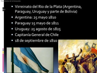  Virreinato del Rio de la Plata (Argentina,
Paraguay, Uruguay y parte de Bolivia)
 Argentina: 25 mayo 1810
 Paraguay 15 mayo de 1811
 Uruguay: 25 agosto de 1825
 Capitanía General de Chile
 18 de septiembre de 1810
Resultados de la búsquedaResultados de la búsquedaResultados de la búsquedaResultados de la búsqueda
Página 2
Resultados de la búsqueda
Página 2
 