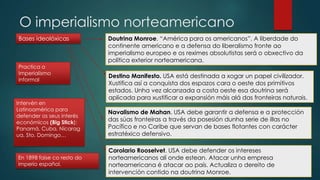 O imperialismo norteamericano
Bases ideolóxicas Doutrina Monroe. “América para os americanos”. A liberdade do
continente americano e a defensa do liberalismo fronte ao
imperialismo europeo e os reximes absolutistas será o obxectivo da
política exterior norteamericana.
Destino Manifesto. USA está destinada a xogar un papel civilizador.
Xustifica así a conquista dos espazos cara o oeste dos primitivos
estados. Unha vez alcanzada a costa oeste esa doutrina será
aplicada para xustificar a expansión máis alá das fronteiras naturais.
Navalismo de Mahan. USA debe garantir a defensa e a protección
das súas fronteiras a través da posesión dunha serie de illas no
Pacífico e no Caribe que servan de bases flotantes con carácter
estratéxico defensivo.
Corolario Rooselvet. USA debe defender os intereses
norteamericanos alí onde estean. Atacar unha empresa
norteamericana é atacar ao país. Actualiza o dereito de
intervención contido na doutrina Monroe.
Practica o
Imperialismo
informal
Intervén en
Latinoamérica para
defender os seus interés
económicos (Big Stick):
Panamá, Cuba, Nicarag
ua, Sto. Domingo…
En 1898 faise co resto do
imperio español.
 
