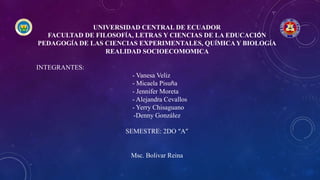 UNIVERSIDAD CENTRAL DE ECUADOR
FACULTAD DE FILOSOFÍA, LETRAS Y CIENCIAS DE LA EDUCACIÓN
PEDAGOGÍA DE LAS CIENCIAS EXPERIMENTALES, QUÍMICAY BIOLOGÍA
REALIDAD SOCIOECOMOMICA
INTEGRANTES:
- Vanesa Veliz
- Micaela Pisuña
- Jennifer Moreta
- Alejandra Cevallos
- Yerry Chisaguano
-Denny González
SEMESTRE: 2DO “A”
Msc. Bolivar Reina
 