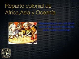 Reparto colonial de
Africa,Asia y Oceanía
              Representación en caricatura
              acerca del reparto del mundo
                 entre cuatro potencias
 