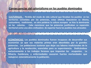 Consecuencias del colonialismo en los pueblos dominados

CULTURALES : Pérdida del modo de vida cultural que llevaban los pueblos en los
territorios sometidos por las potencias, estas últimas impusieron su idioma,
costumbres, tradiciones, en otra palabras la cultura europea se hizo la dominante
en las colonias. Cabe mencionar que las potencias justificaban su expansión
territorial como una obra civilizadora de exportar hacia los pueblos mas atrasados




ECONÓMICAS: Los pueblos dominados fueron incapaces de desarrollar sus
economías ya que sus materias primas eran absorbidas por la grandes
potencias. Las poblaciones tuvieron que dejar sus labores tradicionales de la
agricultura y la recolección, esenciales para su supervivencia. Dedicándose
exclusivamente a los trabajos forzosos que imponían los ocupantes. La
Miseria, hambruna, y enfermedades causaron fuertes mortandades que
redujeron sistemáticamente la población.
 