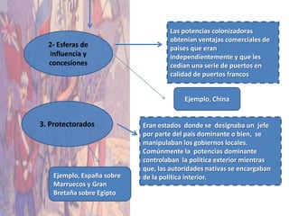Las potencias colonizadoras
                                    obtenían ventajas comerciales de
  2- Esferas de                     países que eran
  influencia y                      independientemente y que les
  concesiones                       cedían una serie de puertos en
                                    calidad de puertos francos


                                         Ejemplo, China


3. Protectorados            Eran estados donde se designaba un jefe
                            por parte del país dominante o bien, se
                            manipulaban los gobiernos locales.
                            Comúnmente la potencias dominante
                            controlaban la política exterior mientras
                            que, las autoridades nativas se encargaban
    Ejemplo, España sobre   de la política interior.
    Marruecos y Gran
    Bretaña sobre Egipto
 