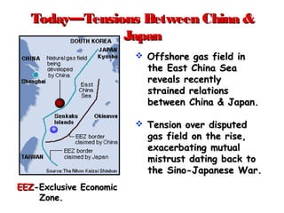 Today—Tensions Between China &Today—Tensions Between China &
JapanJapan
EEZEEZ-Exclusive Economic-Exclusive Economic
Zone.Zone.
 Offshore gas field inOffshore gas field in
the East China Seathe East China Sea
reveals recentlyreveals recently
strained relationsstrained relations
between China & Japan.between China & Japan.
 Tension over disputedTension over disputed
gas field on the rise,gas field on the rise,
exacerbating mutualexacerbating mutual
mistrust dating back tomistrust dating back to
the Sino-Japanese War.the Sino-Japanese War.
 