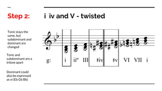 i iv and V - twisted
Tonic stays the
same, but
subdominant and
dominant are
changed
Step 2:
Tonic and
subdominant are a
tritone apart
Dominant could
also be expressed
as vi (Eb Gb Bb)
 