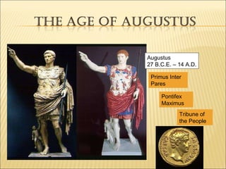 Augustus  27 B.C.E. – 14 A.D. Primus Inter Pares Tribune of the People Pontifex Maximus 