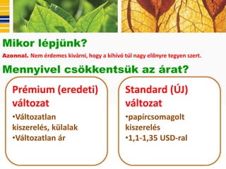 Mikor lépjünk?
Azonnal. Nem érdemes kivárni, hogy a kihívó túl nagy előnyre tegyen szert.

Mennyivel csökkentsük az árat?
   Prémium (eredeti)                         Standard (ÚJ)
   változat                                  változat
   •Változatlan                              •papírcsomagolt
   kiszerelés, külalak                       kiszerelés
   •Változatlan ár                           •1,1-1,35 USD-ral
 