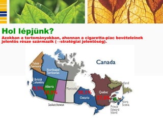 Hol lépjünk?
Azokban a tartományokban, ahonnan a cigaretta-piac bevételeinek
jelentős része származik (→stratégiai jelentőség).




             9,5%
                    10,5%        38,1%
                                          27,6%
 