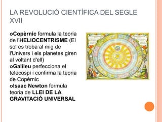 LA REVOLUCIÓ CIENTÍFICA DEL SEGLE
XVII
Copèrnic formula la teoria
de l'HELIOCENTRISME (El
sol es troba al mig de
l'Univers i els planetes giren
al voltant d'ell)
Galileu perfecciona el
telecospi i confirma la teoria
de Copèrnic
Isaac Newton formula
teoria de LLEI DE LA
GRAVITACIÓ UNIVERSAL
 