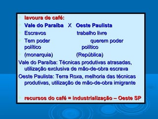  lavoura de café:lavoura de café:
 Vale do ParaíbaVale do Paraíba XX Oeste PaulistaOeste Paulista
 Escravos trabalho livreEscravos trabalho livre
 Tem poderTem poder querem poderquerem poder
políticopolítico políticopolítico
 (monarquia) (República)(monarquia) (República)
Vale do Paraíba: Técnicas produtivas atrasadas,Vale do Paraíba: Técnicas produtivas atrasadas,
utilização exclusiva de mão-de-obra escravautilização exclusiva de mão-de-obra escrava
Oeste Paulista: Terra Roxa, melhoria das técnicasOeste Paulista: Terra Roxa, melhoria das técnicas
produtivas, utilização de mão-de-obra imigranteprodutivas, utilização de mão-de-obra imigrante
 recursos do café = industrialização – Oeste SPrecursos do café = industrialização – Oeste SP
 