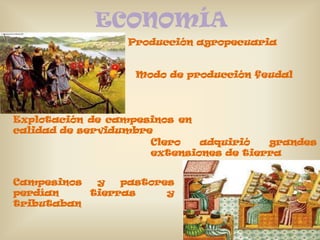 ECONOMÍA
                  Producción agropecuaria


                   Modo de producción feudal




Explotación de campesinos en
calidad de servidumbre
                      Clero   adquirió   grandes
                      extensiones de tierra


Campesinos  y   pastores
perdían    tierras     y
tributaban
 