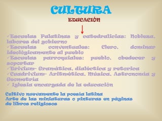 CULTURA
                     EDUCACIÓN


Escuelas Palatinas y catedralicias: Nobleza,
labores del gobierno
Escuelas     conventuales:    Clero,  dominar
ideológicamente al pueblo
Escuelas parroquiales: pueblo, obedecer y
soportar
Trivium- Gramática, dialéctica y retorica
Cuadrivium- Aritmética, Música, Astronomía y
Geometría
 Iglesia encargada de la educación

Cultivo nuevamente la poesía latina
Arte de las miniaturas o pinturas en páginas
de libros religiosos
 