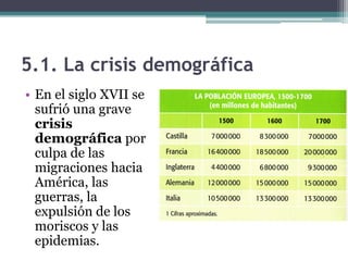 5.1. La crisis demográfica
• En el siglo XVII se
sufrió una grave
crisis
demográfica por
culpa de las
migraciones hacia
América, las
guerras, la
expulsión de los
moriscos y las
epidemias.
 
