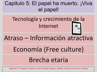 Capitulo 5: El papel ha muerto. ¡Viva
               el papel!
    Tecnología y crecimiento de la
               Internet

Atraso – Información atractiva
     Economía (Free culture)
         Brecha etaria
 Capitulo 5: El papel ha muerto. ¡Viva el Papel! Campos, Villalon, Hermelo, Herrera y Araujo
 