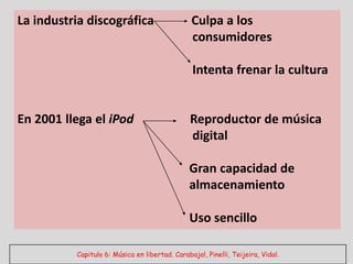 La industria discográfica                       Culpa a los
                                                consumidores

                                                Intenta frenar la cultura


En 2001 llega el iPod                           Reproductor de música
                                                digital

                                               Gran capacidad de
                                               almacenamiento

                                               Uso sencillo

          Capitulo 6: Música en libertad. Carabajal, Pinelli, Teijeira, Vidal.
 