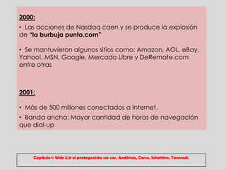 2000:
• Las acciones de Nasdaq caen y se produce la explosión
de “la burbuja punto.com”

• Se mantuvieron algunos sitios como: Amazon, AOL, eBay,
Yahoo!, MSN, Google, Mercado Libre y DeRemate.com
entre otras



2001:

• Más de 500 millones conectados a Internet.
• Banda ancha: Mayor cantidad de horas de navegación
que dial-up




    Capítulo 1: Web 2.0 el protagonista sos vos. Andérica, Corso, Schettino, Tancredi.
 