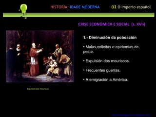 1.- Diminución da poboación Malas colleitas e epidemias de peste. Expulsión dos mouriscos. Frecuentes guerras. A emigración a América. http://forumgigurrorum.blogspot.com/   Expulsión dos mouriscos CRISE ECONÓMICA E SOCIAL  (s. XVII) O2  O Imperio español HISTORIA:   IDADE MODERNA 