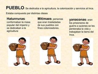 PUEBLO: Se dedicaba a la agricultura, la colonización y servicios al Inca.
Estaba compuesto por distintas clases
Hatunrunas:
conformaban la masa
popular del imperio y
se dedicaban a la
agricultura
Mitimaes: personas
que eran trasladadas
de sus pueblos con
fines colonizadores.
yanaconas: eran
los prisioneros de
guerra a quienes se les
perdonaba la vida y
trabajaban la tierra del
Inca.
 