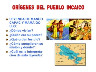 LEYENDA DE MANCO
CÁPAC Y MAMA OC-
LLO:
¿Dónde vivían?
¿Quién era su padre?
¿Qué orden les dio?
¿Cómo cumplieron su
misión y dónde?
¿Cuál es la interpreta-
ción de esta leyenda?
 