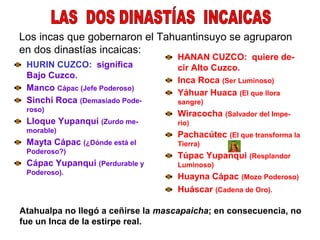 Los incas que gobernaron el Tahuantinsuyo se agruparon
en dos dinastías incaicas:
HURIN CUZCO: significa
Bajo Cuzco.
Manco Cápac (Jefe Poderoso)
Sinchi Roca (Demasiado Pode-
roso)
Lloque Yupanqui (Zurdo me-
morable)
Mayta Cápac (¿Dónde está el
Poderoso?)
Cápac Yupanqui (Perdurable y
Poderoso).
HANAN CUZCO: quiere de-
cir Alto Cuzco.
Inca Roca (Ser Luminoso)
Yáhuar Huaca (El que llora
sangre)
Wiracocha (Salvador del Impe-
rio)
Pachacútec (El que transforma la
Tierra)
Túpac Yupanqui (Resplandor
Luminoso)
Huayna Cápac (Mozo Poderoso)
Huáscar (Cadena de Oro).
Atahualpa no llegó a ceñirse la mascapaicha; en consecuencia, no
fue un Inca de la estirpe real.
 