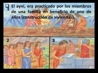  El ayni, era practicado por los miembros 
de una familia en beneficio de uno de 
ellos (construcción de viviendas). 
 