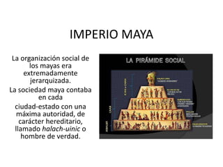 IMPERIO MAYA 
La organización social de 
los mayas era 
extremadamente 
jerarquizada. 
La sociedad maya contaba 
en cada 
ciudad-estado con una 
máxima autoridad, de 
carácter hereditario, 
llamado halach-uinic o 
hombre de verdad. 
 
