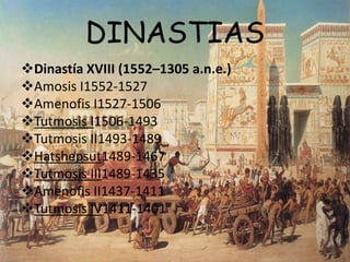 DINASTIAS
Dinastía XVIII (1552–1305 a.n.e.)
Amosis I1552-1527
Amenofis I1527-1506
Tutmosis I1506-1493
Tutmosis II1493-1489
Hatshepsut1489-1467
Tutmosis III1489-1435
Amenofis II1437-1411
Tutmosis IV1411-1401
 