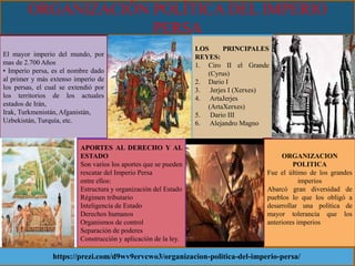 ORGANIZACIÓN POLÍTICA DEL IMPERIO
PERSA
El mayor imperio del mundo, por
mas de 2.700 Años
• Imperio persa, es el nombre dado
al primer y más extenso imperio de
los persas, el cual se extendió por
los territorios de los actuales
estados de Irán,
Irak, Turkmenistán, Afganistán,
Uzbekistán, Turquía, etc.
LOS PRINCIPALES
REYES:
1. Ciro II el Grande
(Cyrus)
2. Dario I
3. Jerjes I (Xerxes)
4. ArtaJerjes
(ArtaXerxes)
5. Dario III
6. Alejandro Magno
ORGANIZACION
POLITICA
Fue el último de los grandes
imperios
Abarcó gran diversidad de
pueblos lo que los obligó a
desarrollar una política de
mayor tolerancia que los
anteriores imperios
APORTES AL DERECHO Y AL
ESTADO
Son varios los aportes que se pueden
rescatar del Imperio Persa
entre ellos:
Estructura y organización del Estado
Régimen tributario
Inteligencia de Estado
Derechos humanos
Organismos de control
Separación de poderes
Construcción y aplicación de la ley.
https://prezi.com/d9wv9ervcwo3/organizacion-politica-del-imperio-persa/
 