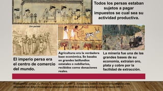 Todos los persas estaban
sujetos a pagar
impuestos se cual sea su
actividad productiva.
El imperio persa era
el centro de comercio
del mundo.
Agricultura: era la verdadera
base económica. Se basaba
en grandes latifundios
estatales o nobiliarios,
recibidos como donaciones
reales.
La minería fue una de las
grandes bases de su
economía, extraían oro,
plata y cobre por la
facilidad de extracción.
Bibliografía: persas, L., Persas, L. and perfil, V. (2017). Economía. [online] Francopersa.blogspot.com.
Disponible en: http://francopersa.blogspot.com/2010/11/economia.html [Acceso 19 mayo 2017].
 