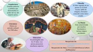 Arquitectura
Grandes palacios
y jardines que
demostraban el
poder del rey del
imperio persa.
Literatura
Abarca un
periodo cultural
de 2500 años.
Educacion
Se prolongaba asta
los 25 años. Los
persas poseyeron
enseñanza superior.
La Danza
Esta caracterizada
por muchos
fascinantes e
incluso trágico
accidentes.
Filosofia
El libro sagrado de los
persas es el Zend
Avesta. habla de
religión, Zoroastro
conocido como único
creado.
Recuperado de:
https://es.slideshar.net/mariadanimiranda/los-persas-
13372317
Recuperado de: https://www.caracteristicas.co/cultura-
teotihuacana/
 