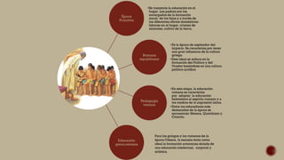 Época
Primitiva
•Se transmite la educación en el
hogar. Los padres son los
encargados de la formación
moral de los hijos y a través de
los diferentes oficios domésticos:
labores en el hogar, crianza de
animales, cultivo de la tierra.
Romana
republicana
•Es la época de esplendor del
imperio. Se caracteriza por tener
una gran influencia de la cultura
griega.
•Este ideal se enfoca en la
formación del Político y del
Orador basándose en una cultura
político-jurídica
Pedagogía
romana
•En esta etapa, la educación
romana se caracteriza
por adoptar la educación
helenística al espíritu romano y a
los medios de la expresión latina.
•Entre los educadores más
destacados de la época se
encuentran: Séneca, Quintiliano y
Cicerón.
Educación
greco.romana
Para los griegos y los romanos de la
época Clásica, la escuela tenía como
ideal la formación armoniosa dotada de
una educación intelectual, corporal y
artística.
 