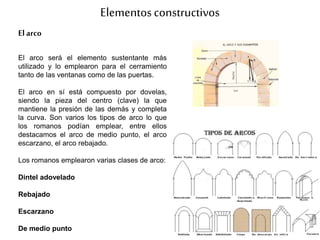 Elementosconstructivos
El arco
El arco será el elemento sustentante más
utilizado y lo emplearon para el cerramiento
tanto de las ventanas como de las puertas.
El arco en sí está compuesto por dovelas,
siendo la pieza del centro (clave) la que
mantiene la presión de las demás y completa
la curva. Son varios los tipos de arco lo que
los romanos podían emplear, entre ellos
destacamos el arco de medio punto, el arco
escarzano, el arco rebajado.
Los romanos emplearon varias clases de arco:
Dintel adovelado
Rebajado
Escarzano
De medio punto
 