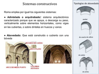 Roma emplea por igual los siguientes sistemas:
● Adintelado o arquitrabado: sistema arquitectónico
caracterizado porque que se apoya, o descarga su peso,
verticalmente sobre elementos horizontales, como vigas
en las cubiertas, o sobre dinteles en huecos y vanos
● Abovedado: Que está construido o cubierto con una
bóveda
Sistemasconstructivos Tipologías de abovedado
 