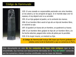 Código de Hammurabi

                     129: Si una casada es sorprendida yaciendo con otro hombre,
                     se los atará y se los arrojará al agua. Si el marido deja vivir la
                     esposa, el rey dejará vivir a su servidor.
                     195: Si un hijo golpeó al padre, se le cortarán las manos.
                     196: Si un hombre libre vació el ojo de un hijo de hombre libre,
                     se vaciará su ojo.
                     197: Si quebró un hueso de un hombre, se quebrará su hueso.
                     209: Si un hombre libre golpeó la hija de un hombre libre y la
                     ha hecho abortar, pagará diez siclos de plata por lo perdido.
                     210: Si la mujer muere, se matará su hija.
                      El Código de Hammurabi incluye 281 leyes que fueron grabadas en
                              estelas como la de la ilustración y que se conserva en París.


Este documento es uno de los conjuntos de leyes más antiguos que se ha
encontrado. Sus normas son básicamente derivadas de la “ley del talión” conocida
por los sumerios y tienen muchas similitudes con las leyes de Moisés.
 